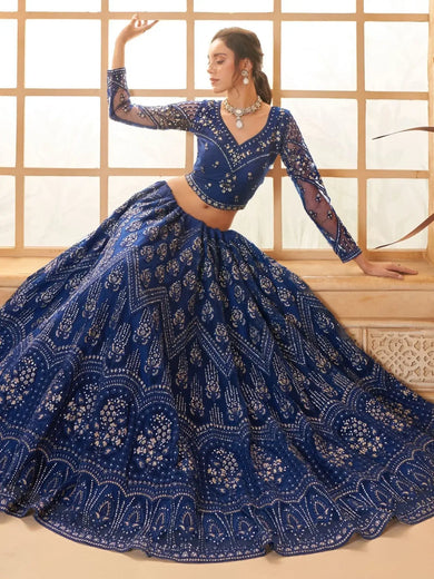 Enchanting Blue Embroidered Net Wedding Lehenga Choli With Dupatta - Ethnic Plus In